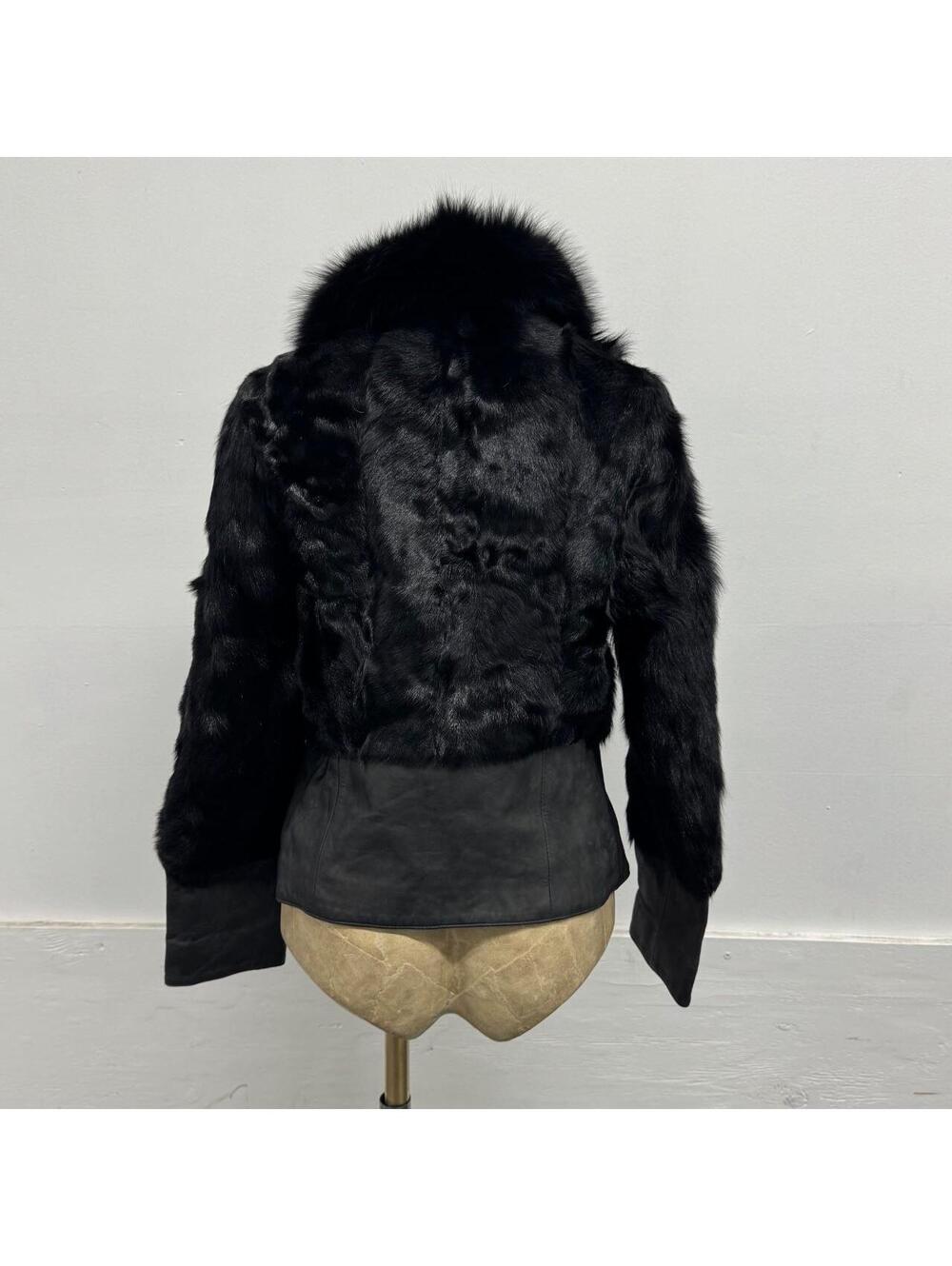 Vintage Y2K Jet Black Real Fox Rabbit Fur Leather Belted Jacket - Picture 3 of 8